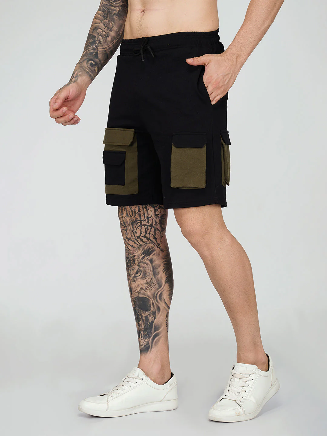 Black with Olive Pocket Plain Shorts - Image 3