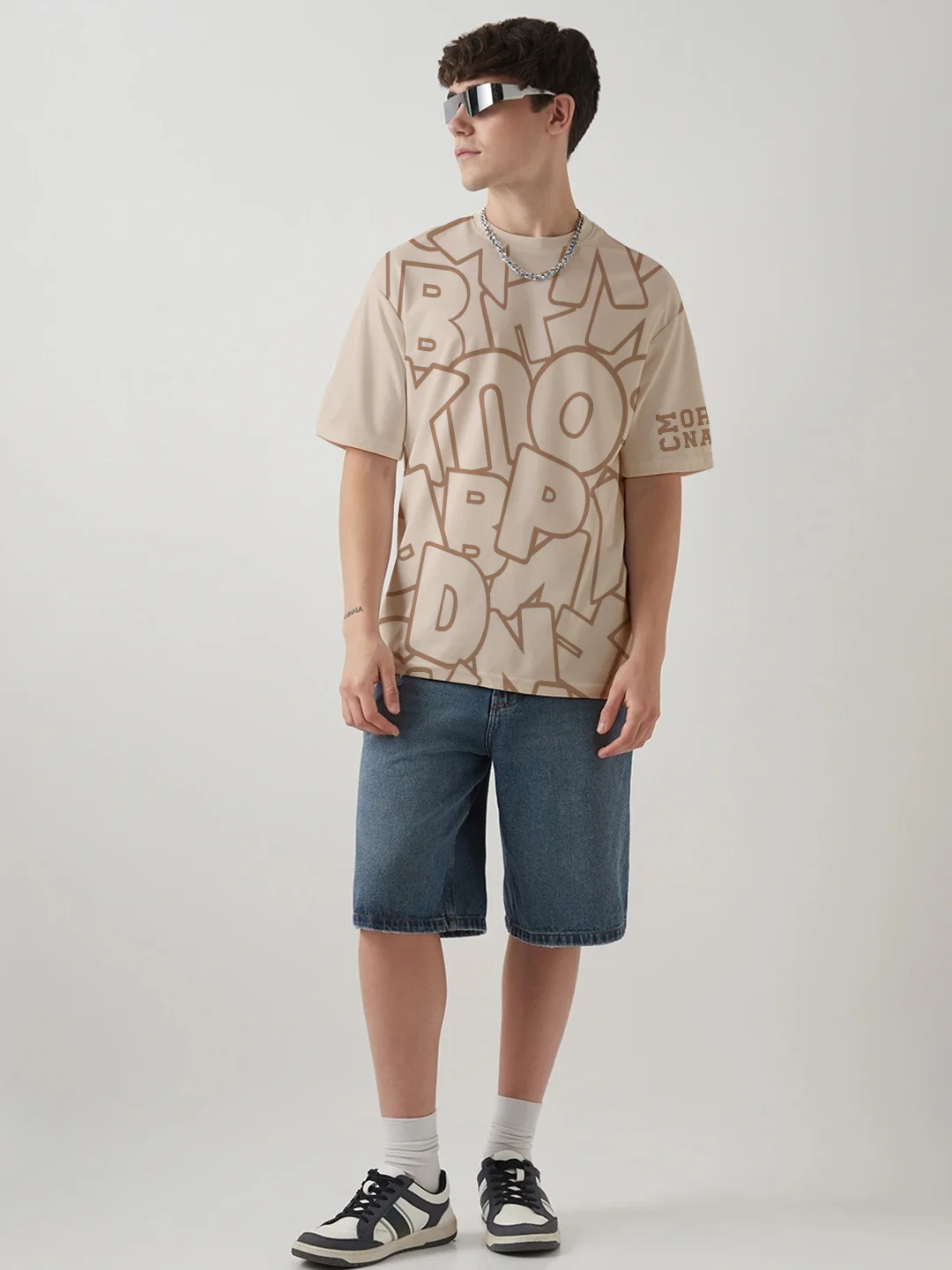 Alpha Pattern Graphic Printed Oversized T-Shirt - Cream - Image 3