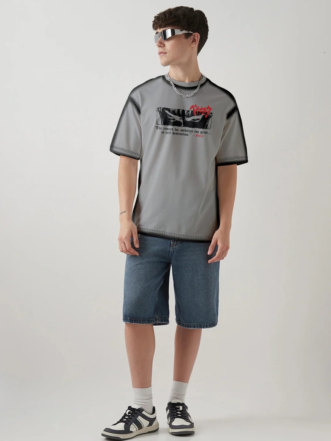 Berserk Guts Wrath Printed Anime Oversized T-Shirt - Steel Grey - Image 3