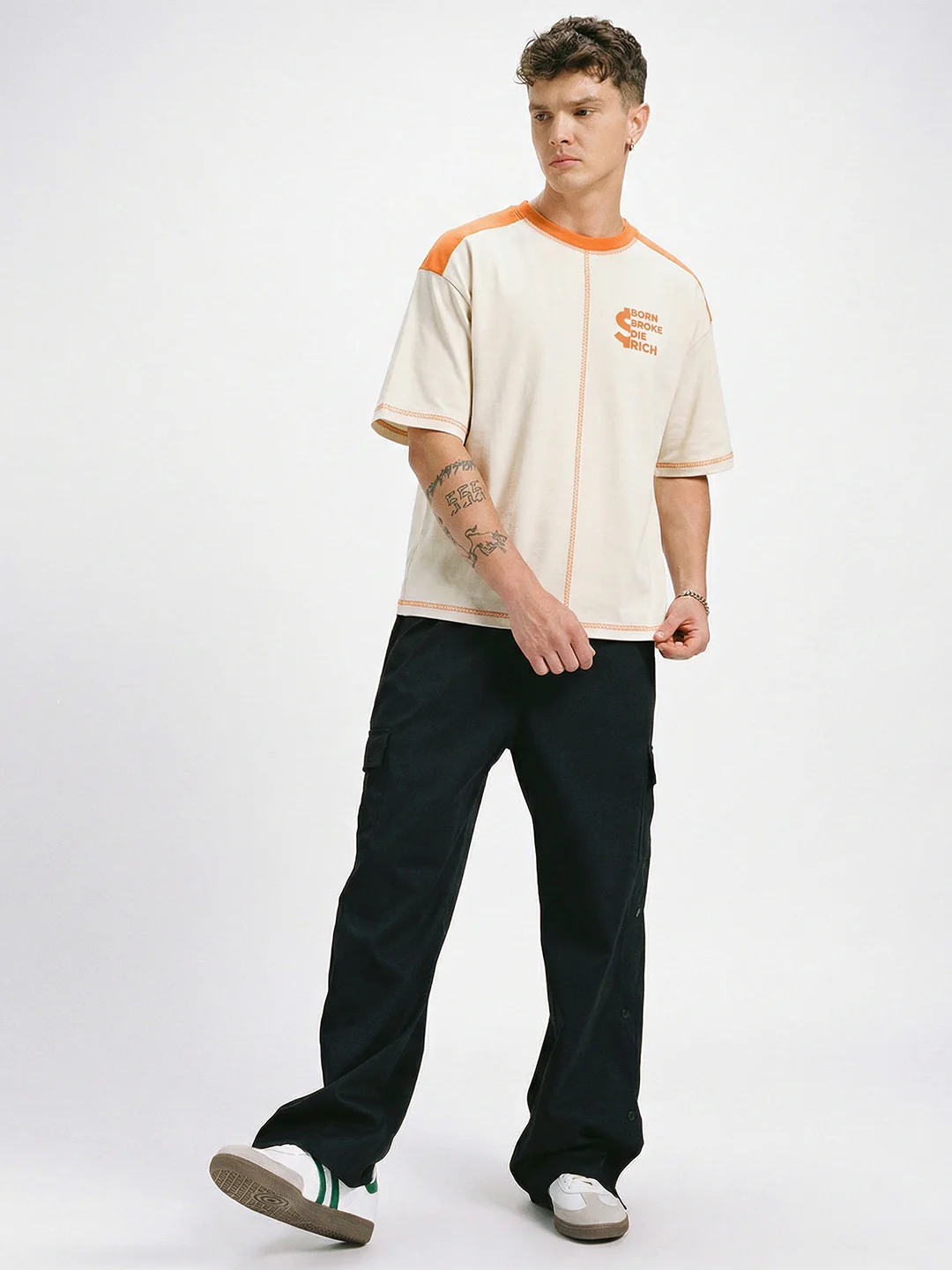 Born Broke Die Rich Oversized T-Shirt - Off White & Orange - Image 4
