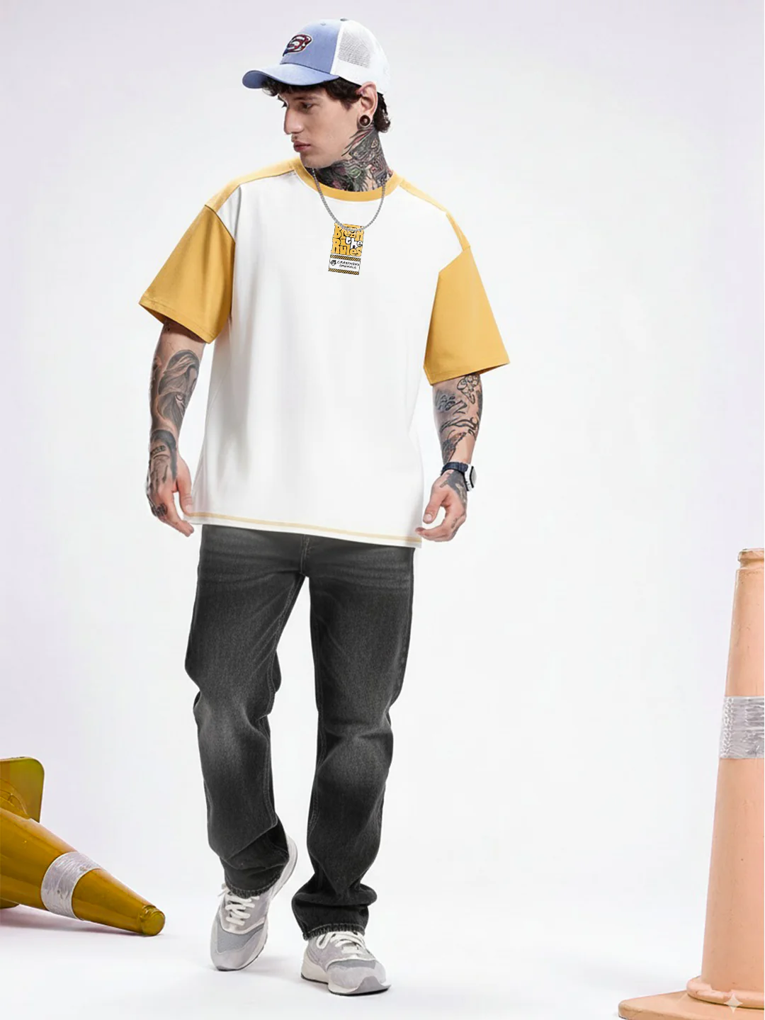 Break The Rules Oversized T-Shirt - Off White & Yellow - Image 6