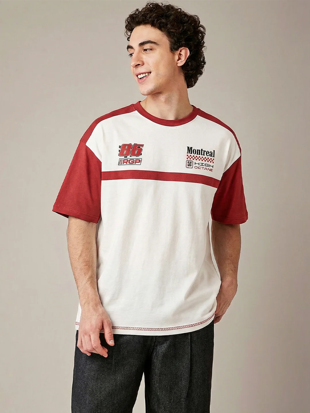 High Octane Oversized T-Shirt -Red & Off White - Image 2