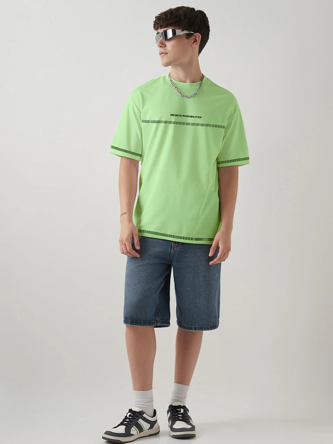Infinite Possibility Contrast Thread Graphic Printed  Oversized T-Shirt - Pista Green - Image 3