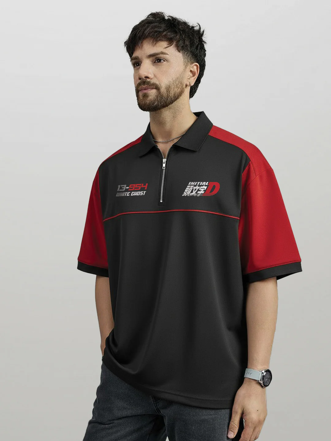 Polo - Initial D Oversized Polo T-Shirt - Red & Black - Image 3