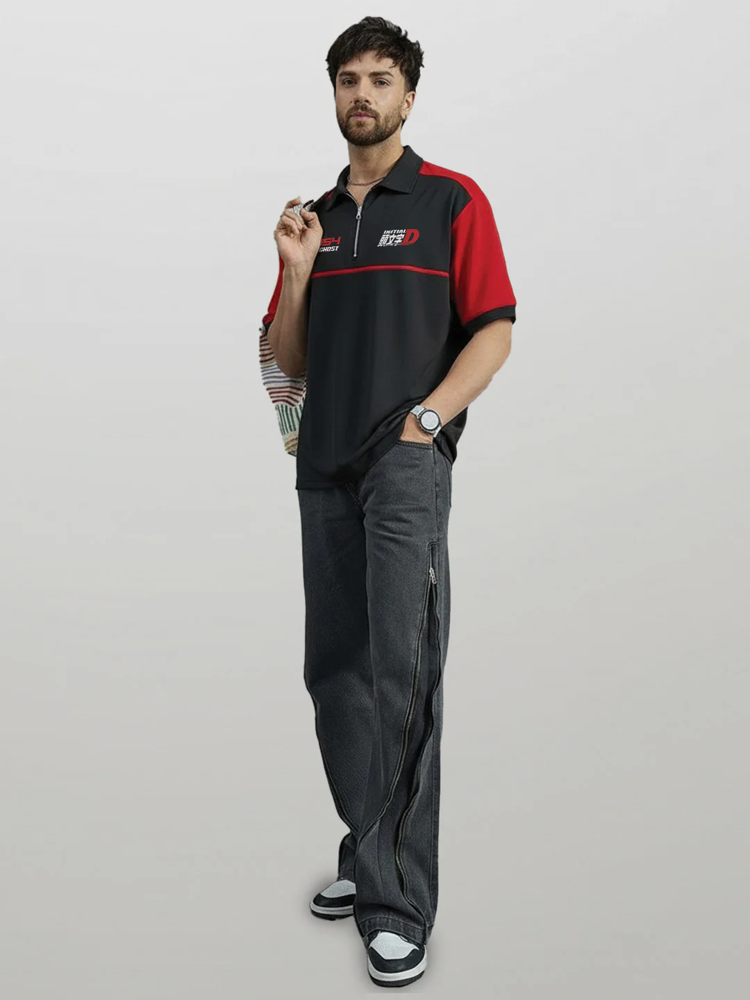 Polo - Initial D Oversized Polo T-Shirt - Red & Black - Image 4