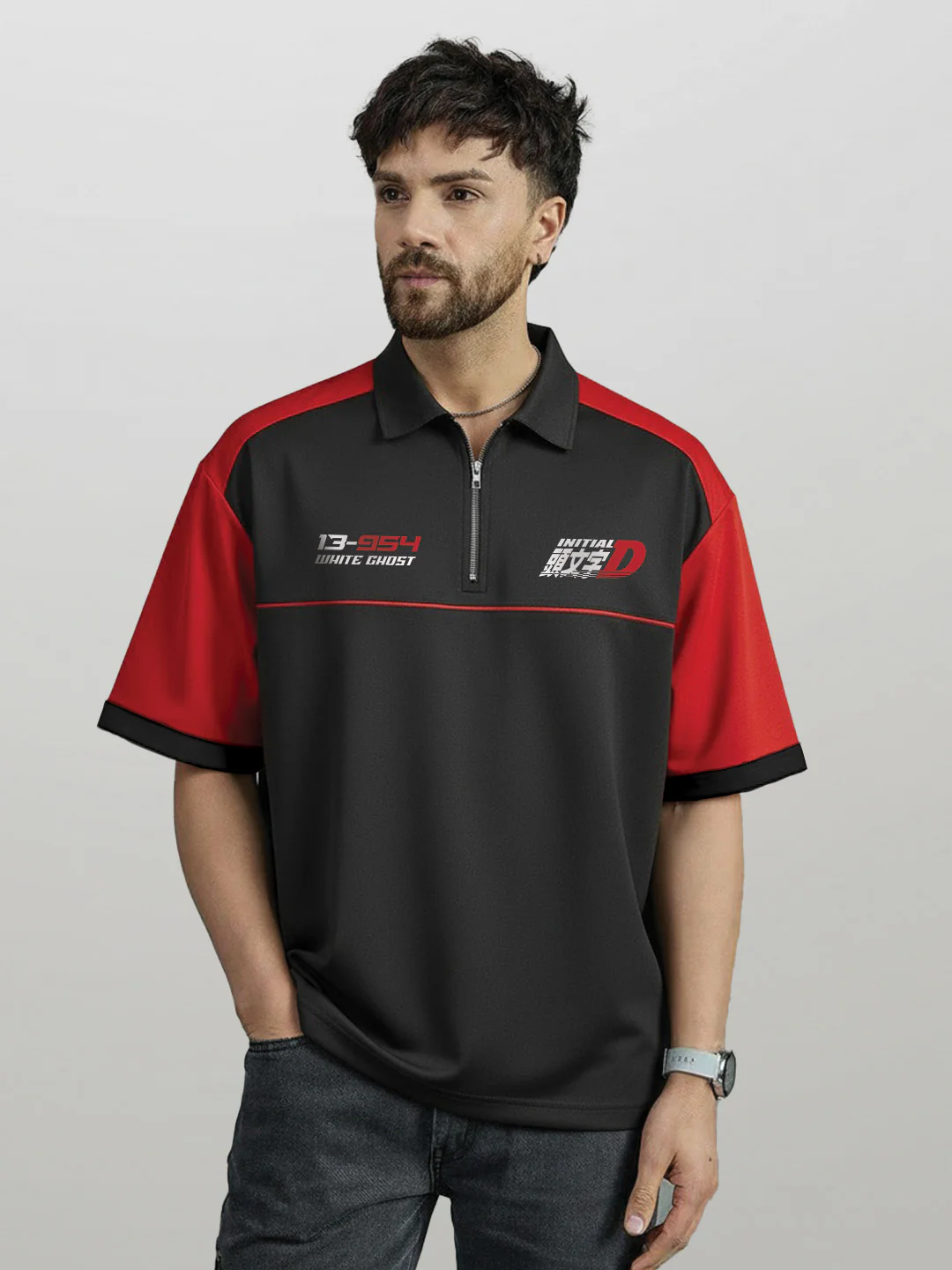 Polo - Initial D Oversized Polo T-Shirt - Red & Black - Image 5