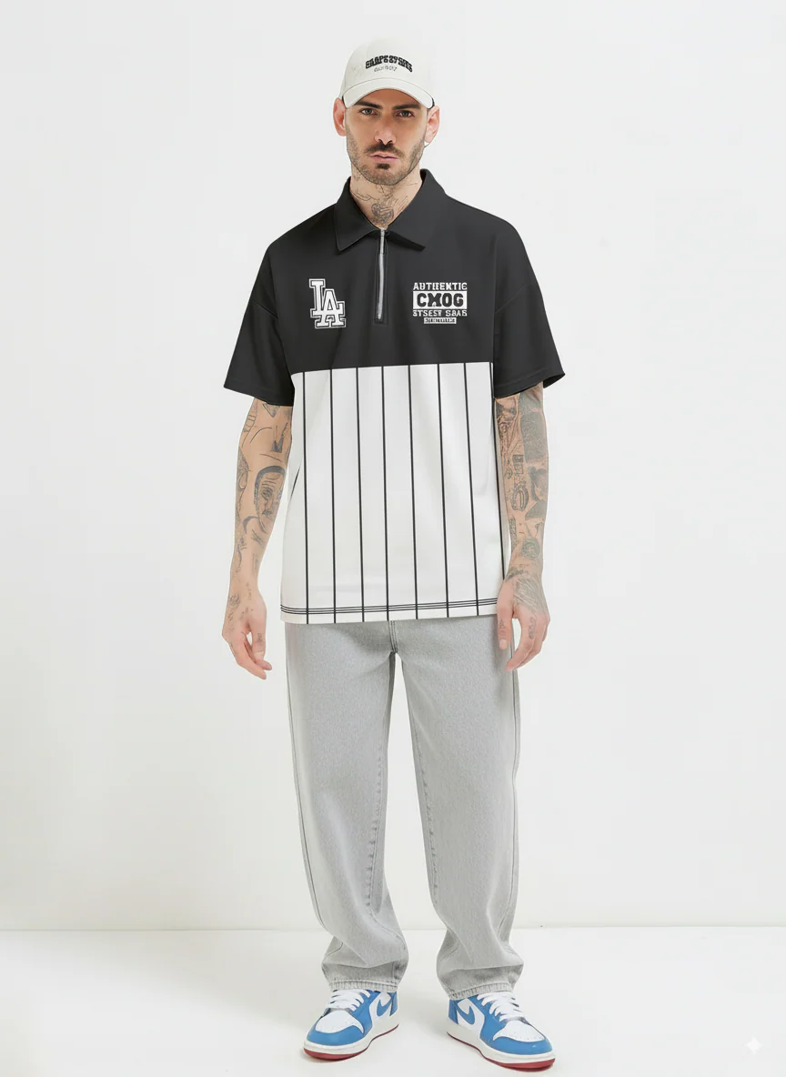 Polo - LA CM Originals Oversized Polo T-Shirt - White & Black - Image 3