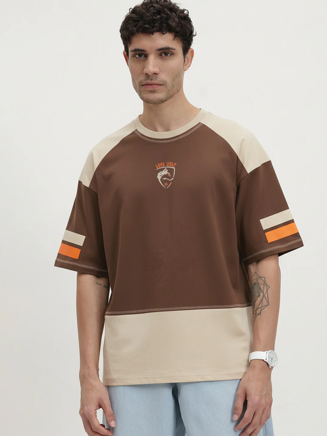 Lone Wolf Oversized T-Shirt-Brown & Beige - Image 2