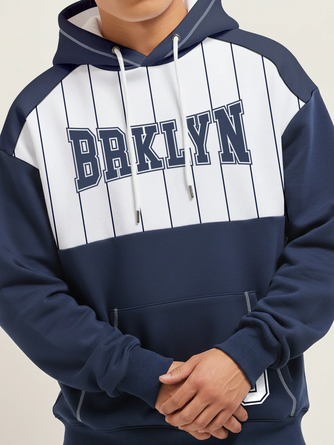 Brooklyn Oversized Hoodie - White & Navy Blue - Image 4