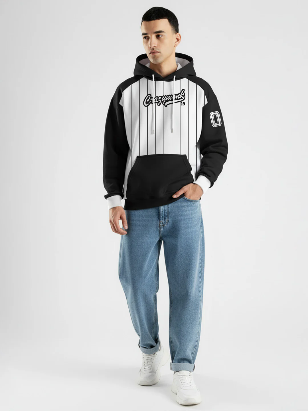 Crazymonk Base Ball Oversized Hoodie - Black & White - Image 3