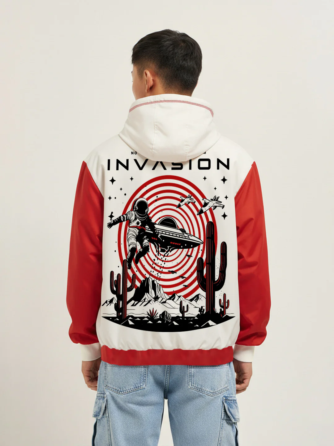Invasion Oversized Hoodie - Red & Off White - Image 5