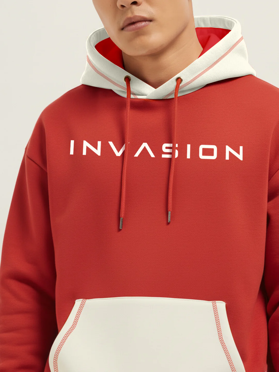 Invasion Oversized Hoodie - Red & Off White - Image 7