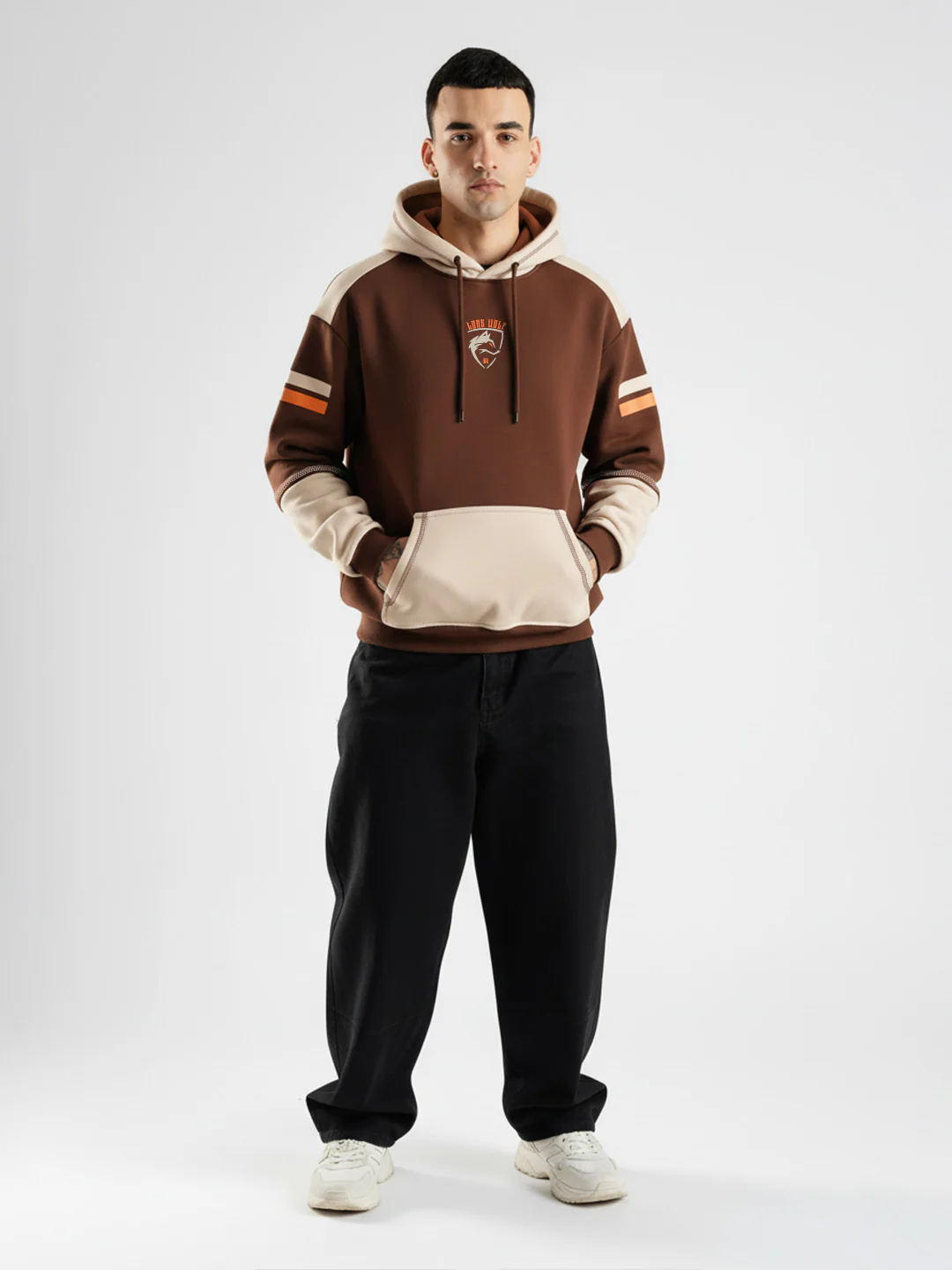 Lone Wolf Oversized Hoodie - Brown & Beige - Image 4