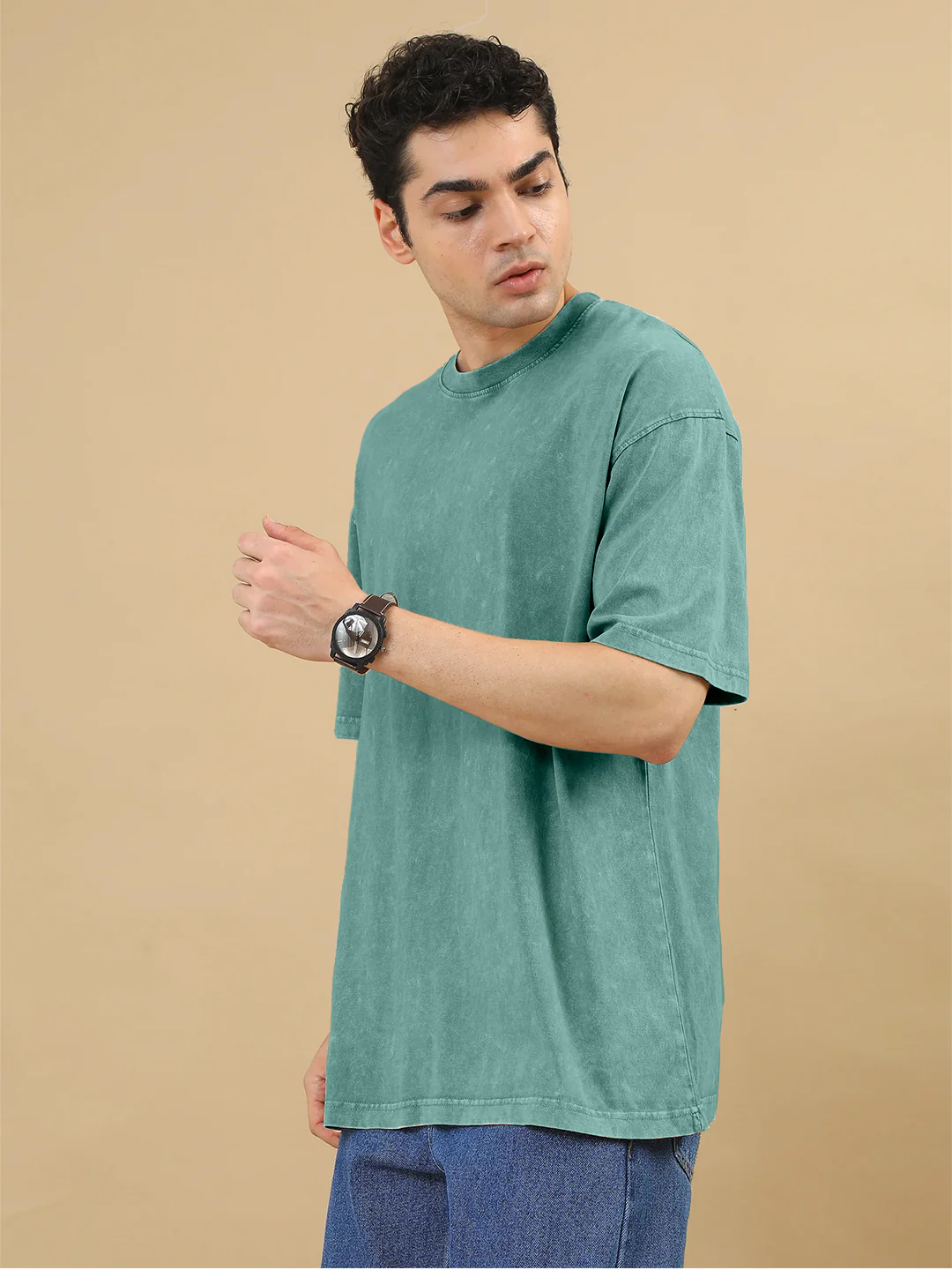 Plain Acid Wash Oversized T-Shirt - Green - Image 3