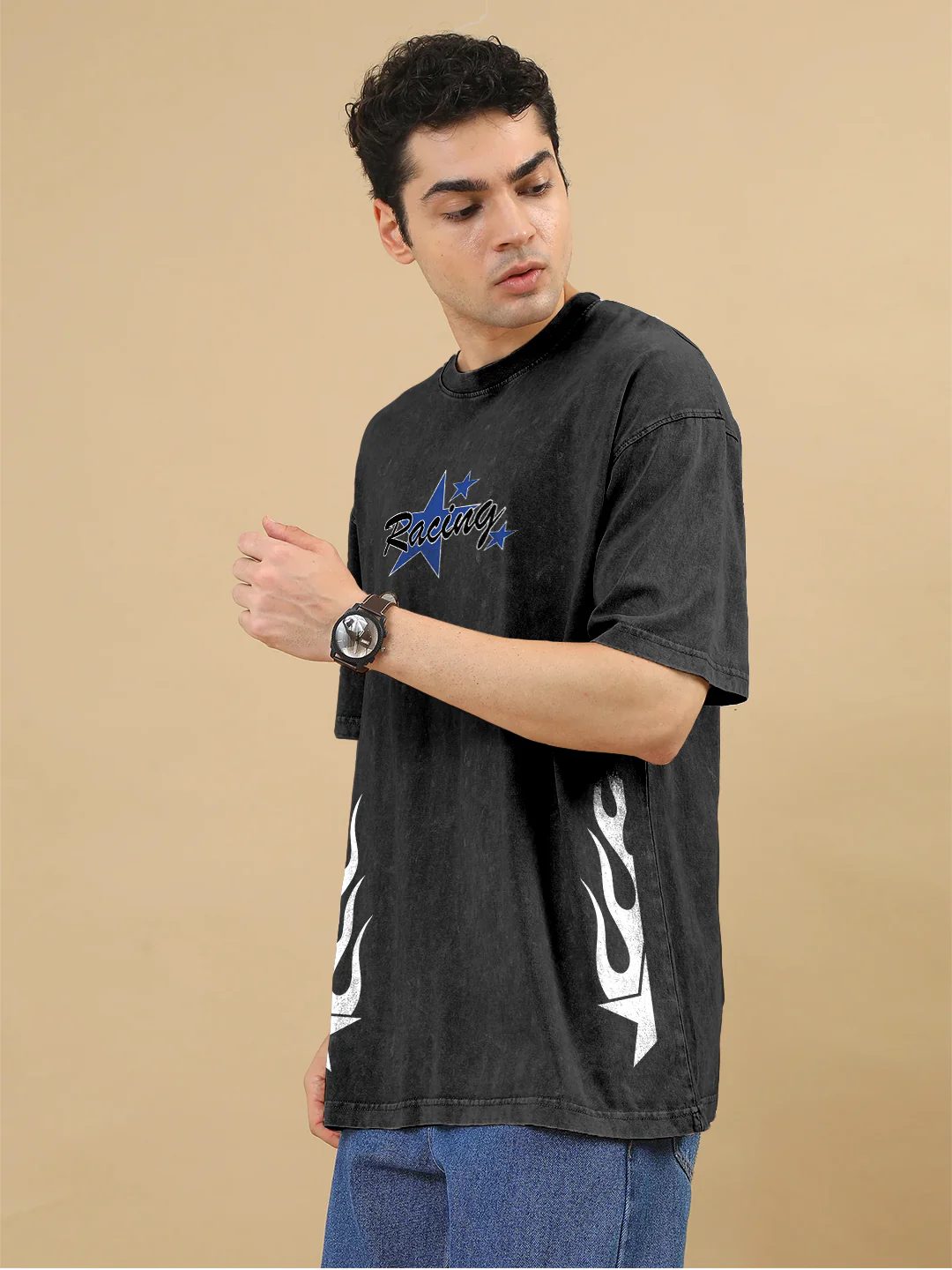 Racing Acid Wash Graphic Printed Oversized T-Shirt - Black - Image 3