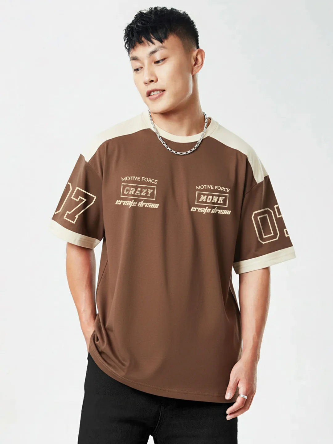 Street Tide Oversized T- Shirt -  Brown & Off White - Image 2