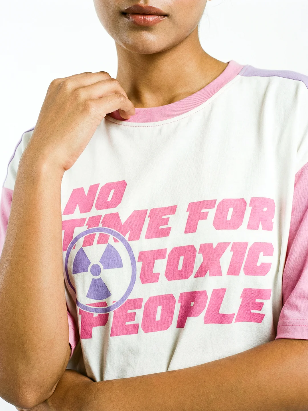 No Time For Toxic People Women Oversized T-Shirt - White/Lilac,  Rib-Pink - Image 4